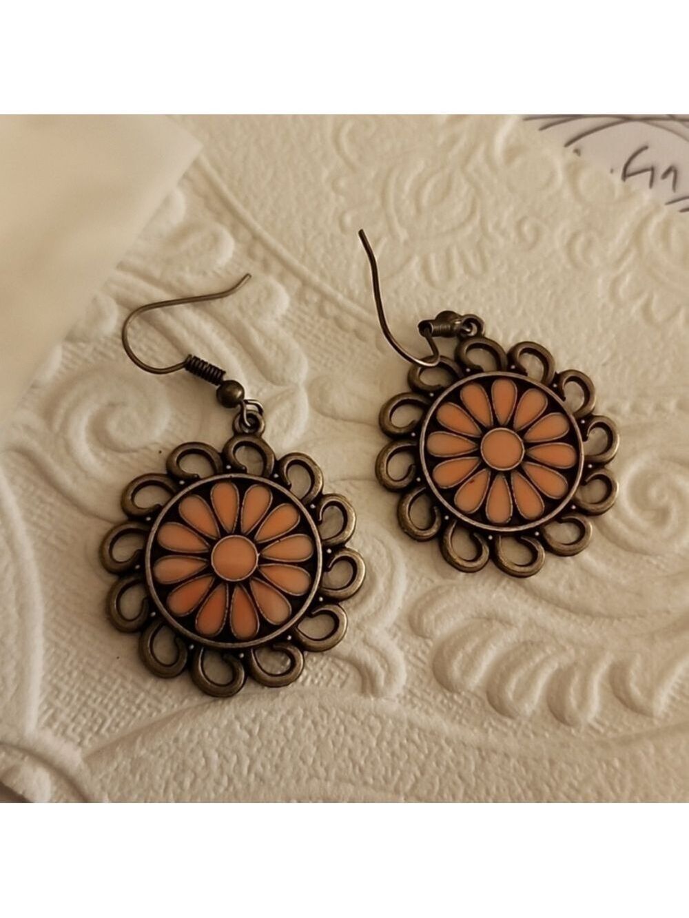 Bohemian Flower Disc  earrings Peach  Enamal